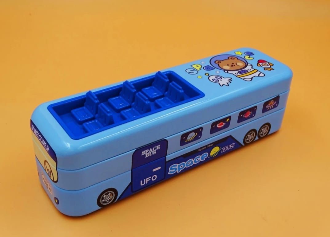 METAL BUS SHAPE PENCIL CASE (GEOMETRY BOX) WITH ADJUSTABLE SEATS & REAL TYRES DOUBLE DECKER